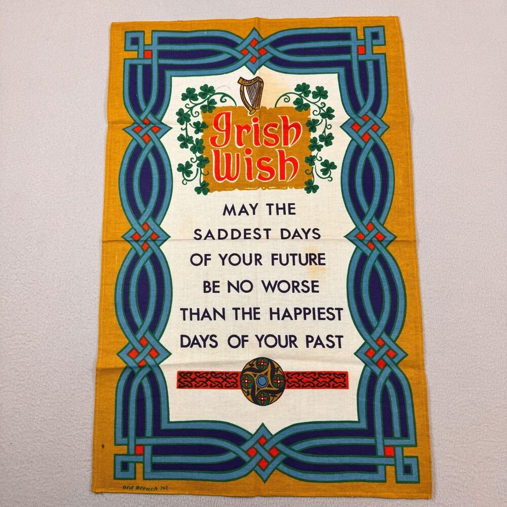 Vintage Old Bleach Irish Kitchen Towel Linen Celtic Revival Folk Art Dishcloth